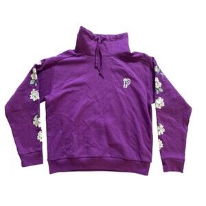 Victoria’s Secret PINK Purple Floral Sleeve Sweatshirt Women’s Sz S‎ Funnel Neck